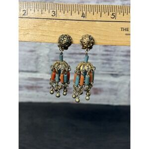 Vintage Egyptian Revival Coral Faience Gold Gilded Filigree Drop Clip Earrings